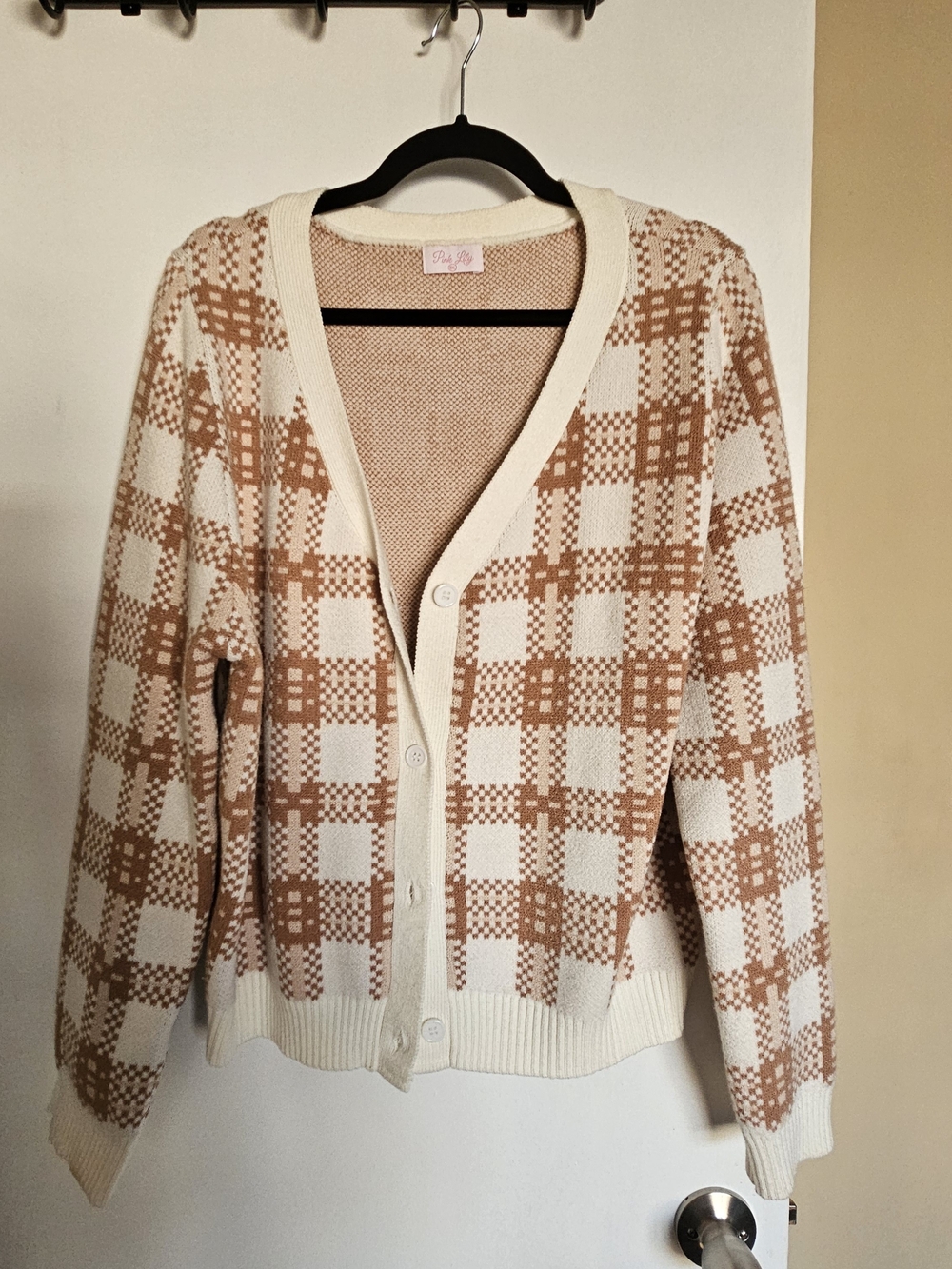 Pink Lily Cream and Tan Plaid Button Cardigan